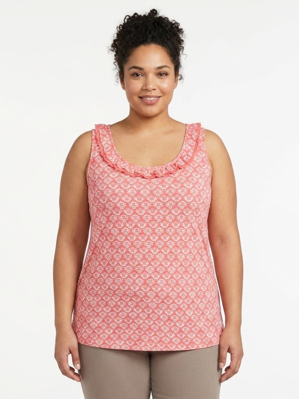 Size 1X fresh ….Suzanne Betro Pink White Printed Ruffled Neck Tank